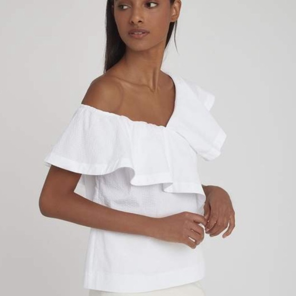 Cuyana Asymmetrical Seersucker Flounce Top - size XS - White